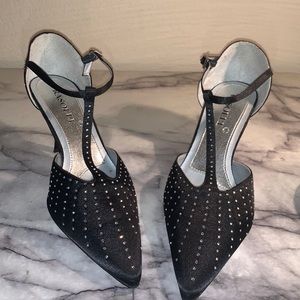 RASOLLI | Black Satin T-Strap with rhinestones Pointed Toe Heels. 3” heel 9 1/2
